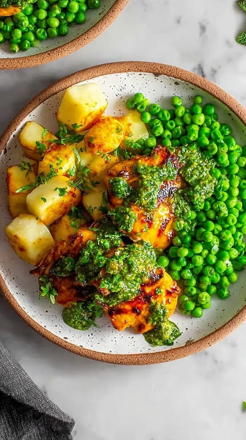 Grilled Peri-Peri chicken thighs served with golden seared halloumi and crushed minty peas on a plate.