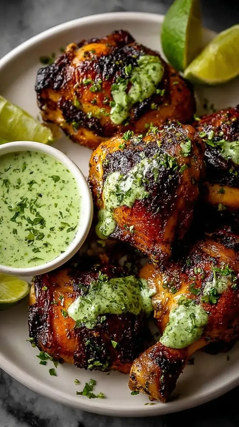 Golden roast spatchcocked chicken served with a vibrant green cilantro sauce on a platter.