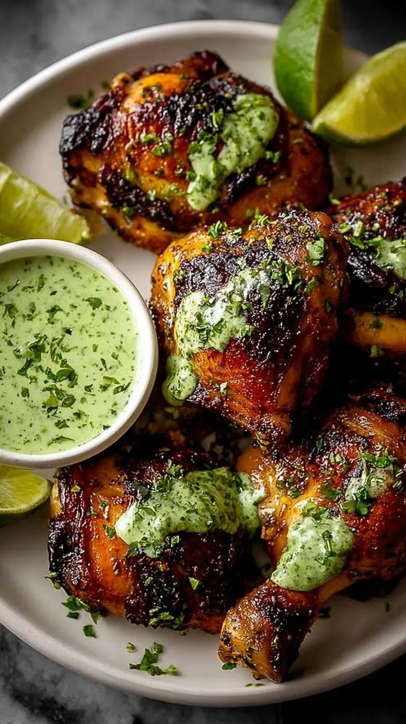 Golden roast spatchcocked chicken served with a vibrant green cilantro sauce on a platter.