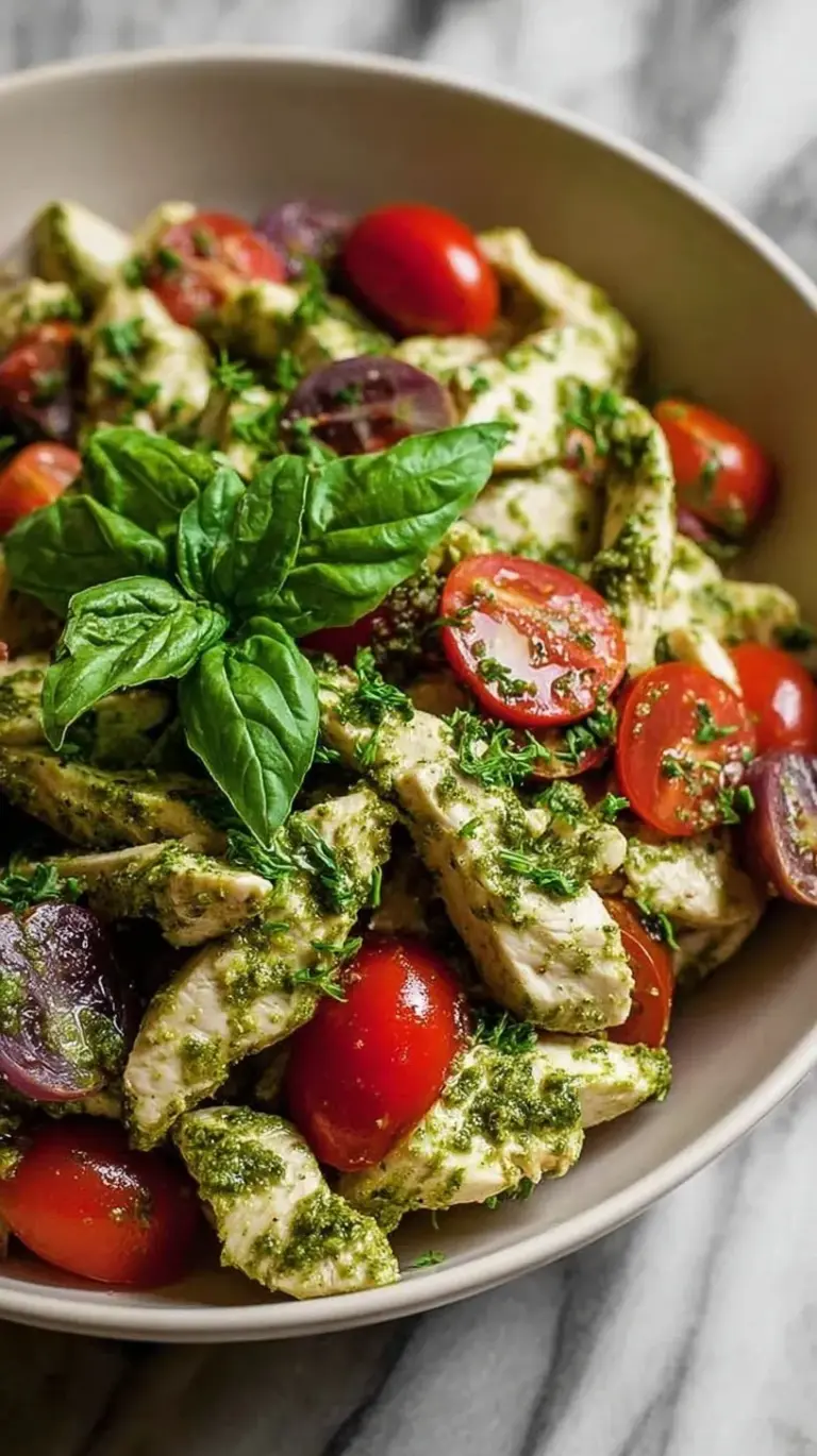 A bowl of creamy Pesto Chicken Salad with cherry tomatoes and pine nuts