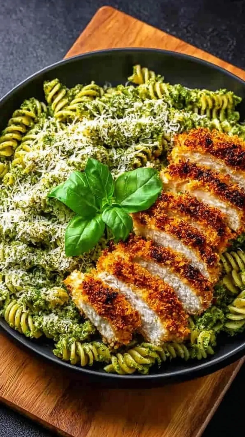 Golden crispy parmesan chicken sliced over a bed of green basil pesto pasta on a white plate.