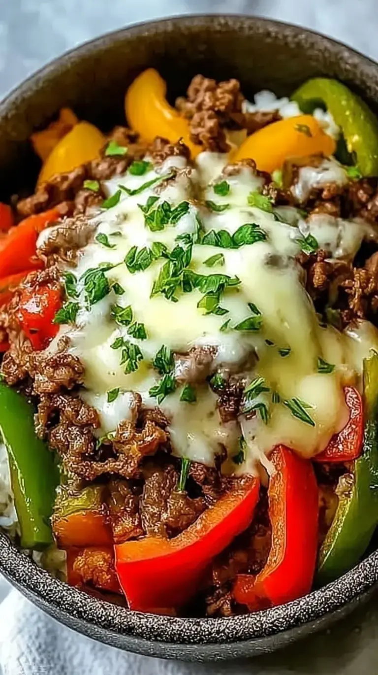 A cast iron skillet filled with sliced ribeye, green peppers, onions, and melted provolone cheese