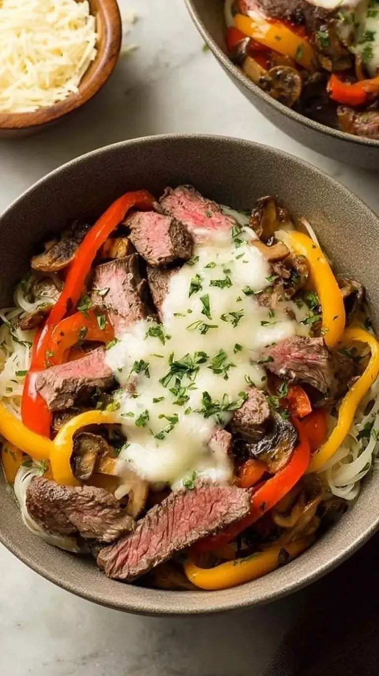 A bowl filled with thinly sliced ribeye steak, sautéed peppers, onions, and melted provolone cheese.