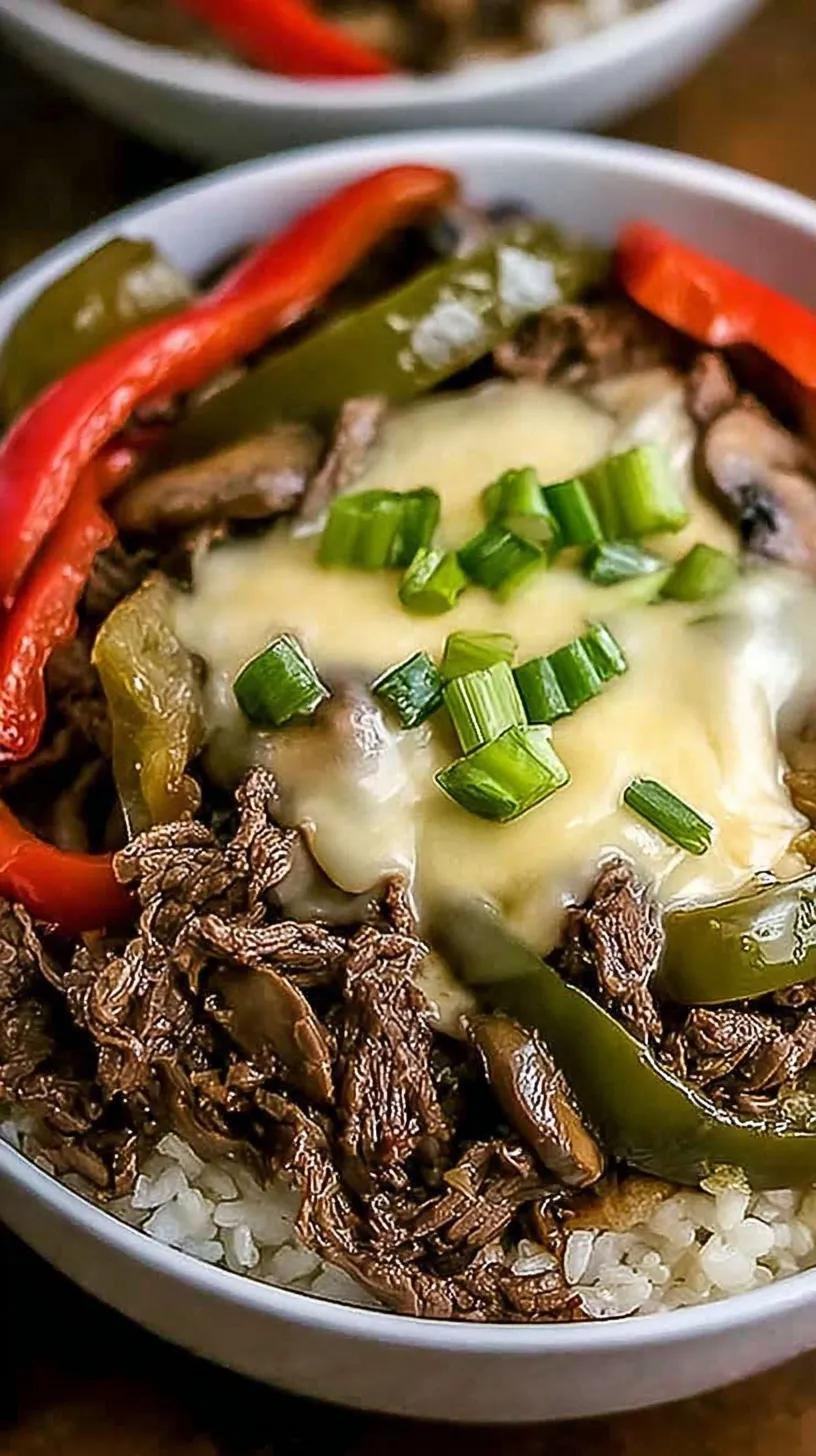 A close-up shot of a Philly Cheesesteak Bowl featuring thinly sliced seared ribeye, caramelized onions, green peppers, and melted provolone cheese over cauliflower rice.