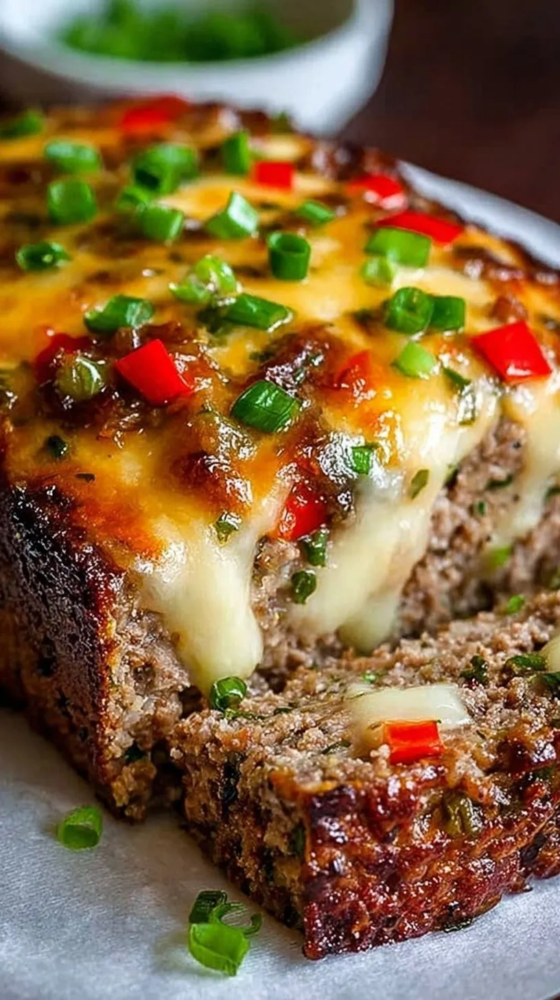 A sliced Philly Cheesesteak Meatloaf showing a melted Provolone cheese center and sautéed green peppers.