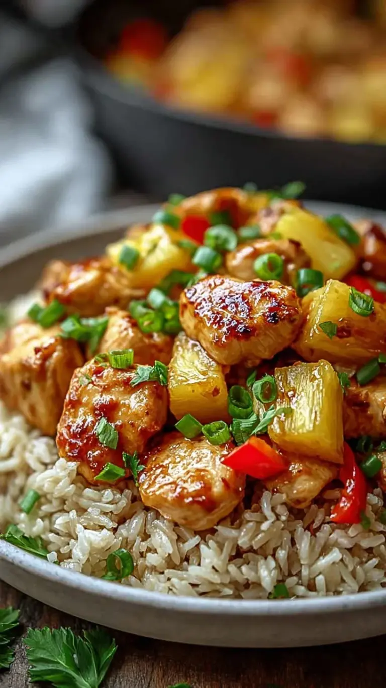 A bowl of glossy pineapple chicken with red peppers and green onions over jasmine rice