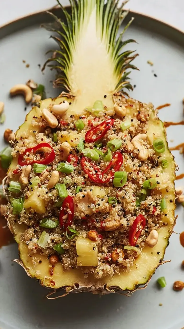 A vibrant bowl of Pineapple Fried Quinoa with cashews, peas, and green onions in a large skillet.
