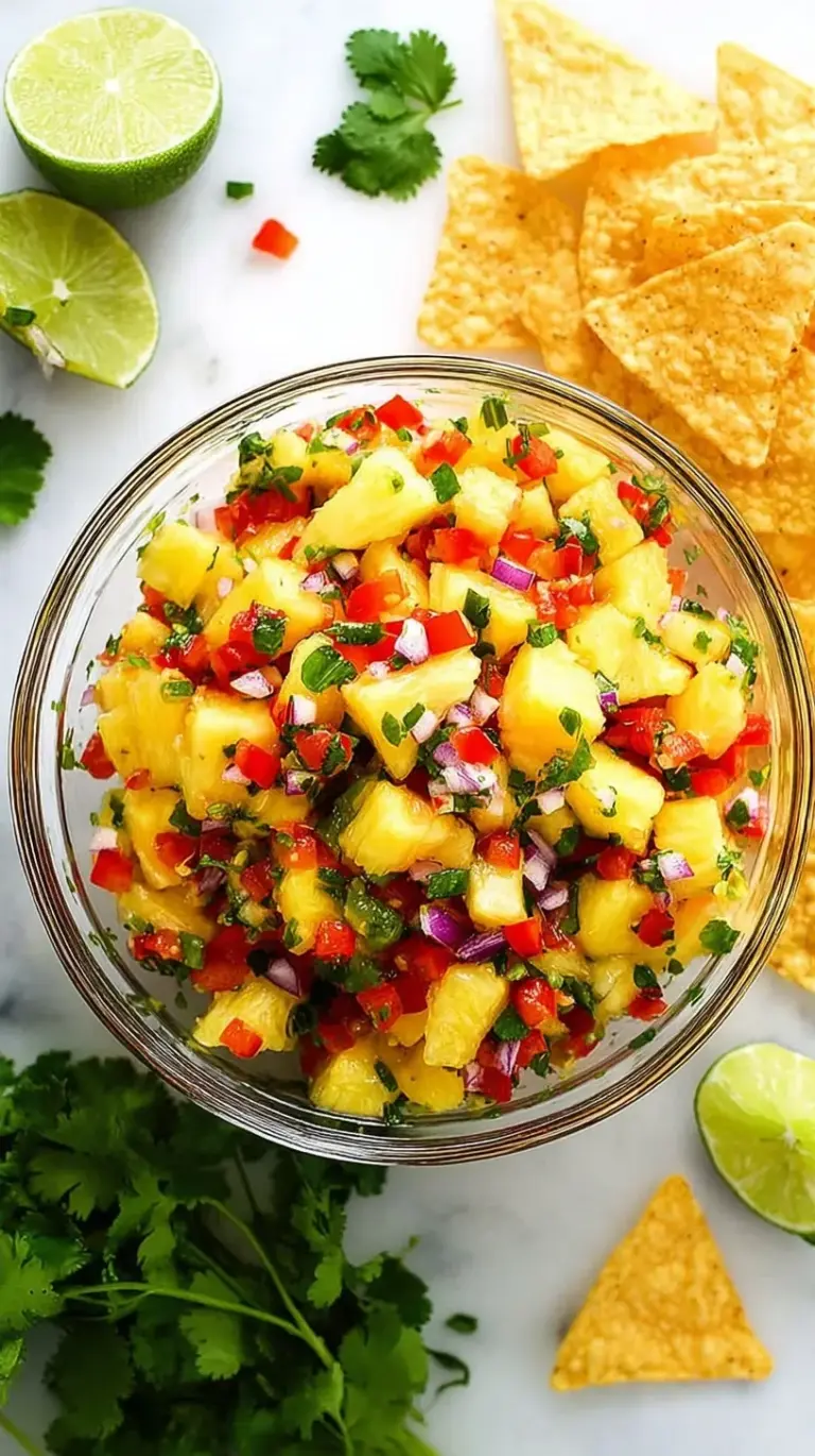 A bowl of vibrant fresh pineapple salsa with red onion and cilantro
