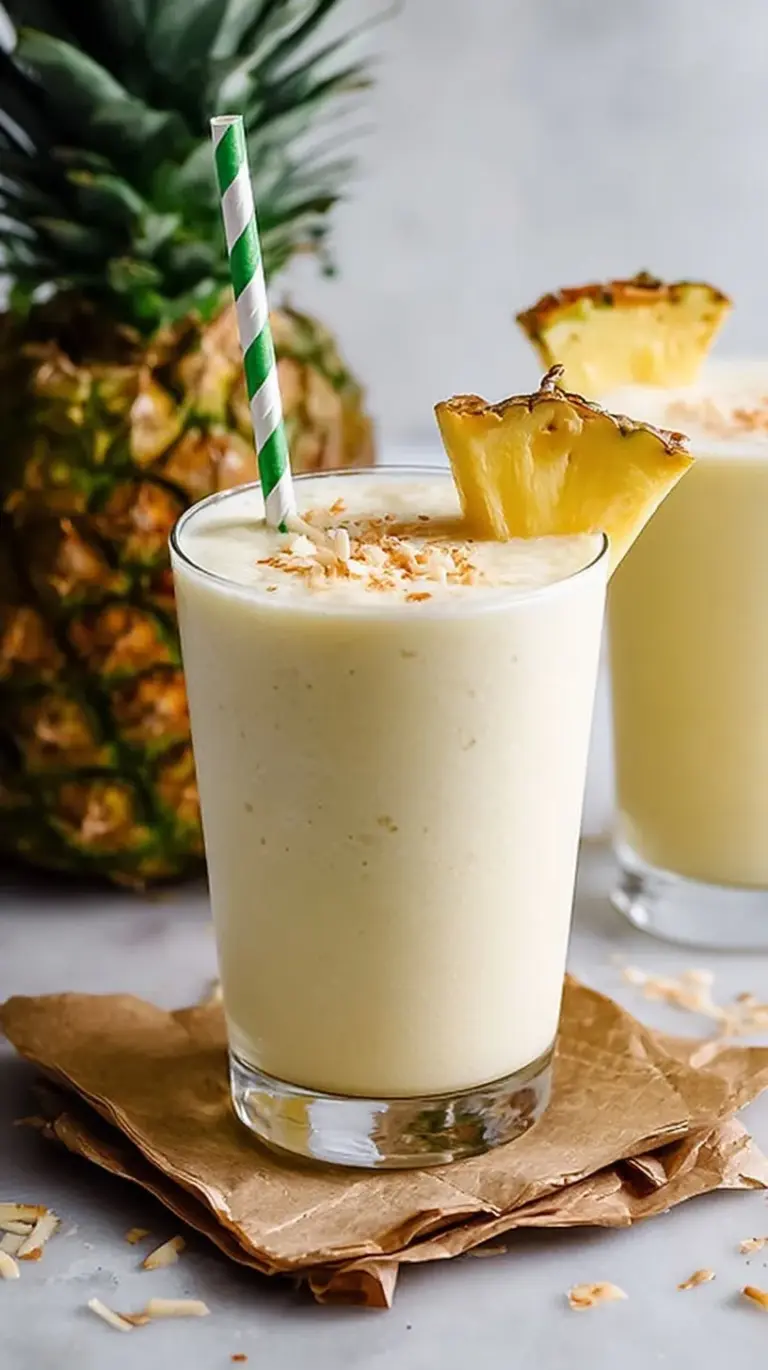 A creamy yellow pineapple smoothie in a tall glass with a straw