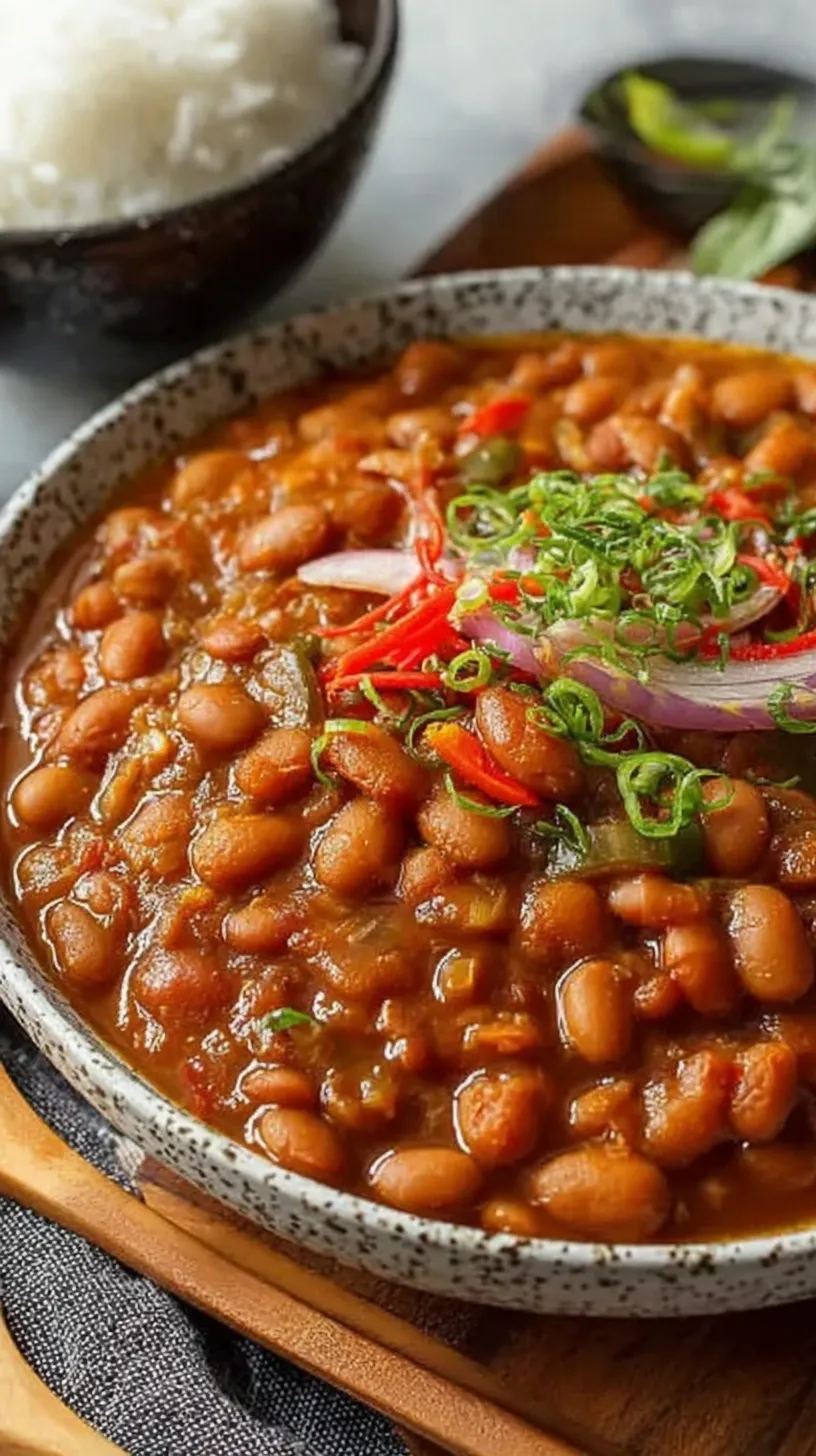 A steaming bowl of Japanese-style pinto bean stew with carrots and shiitake mushrooms
