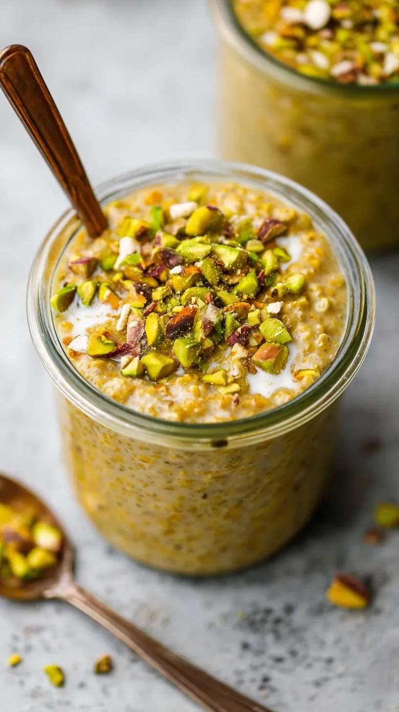 A glass jar filled with creamy pistachio overnight oats topped with chopped green pistachios and chia seeds.