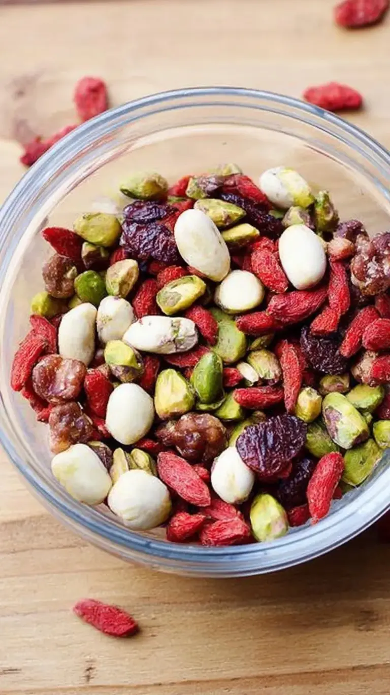 A colorful bowl of pistachio trail mix with dark chocolate and dried cranberries