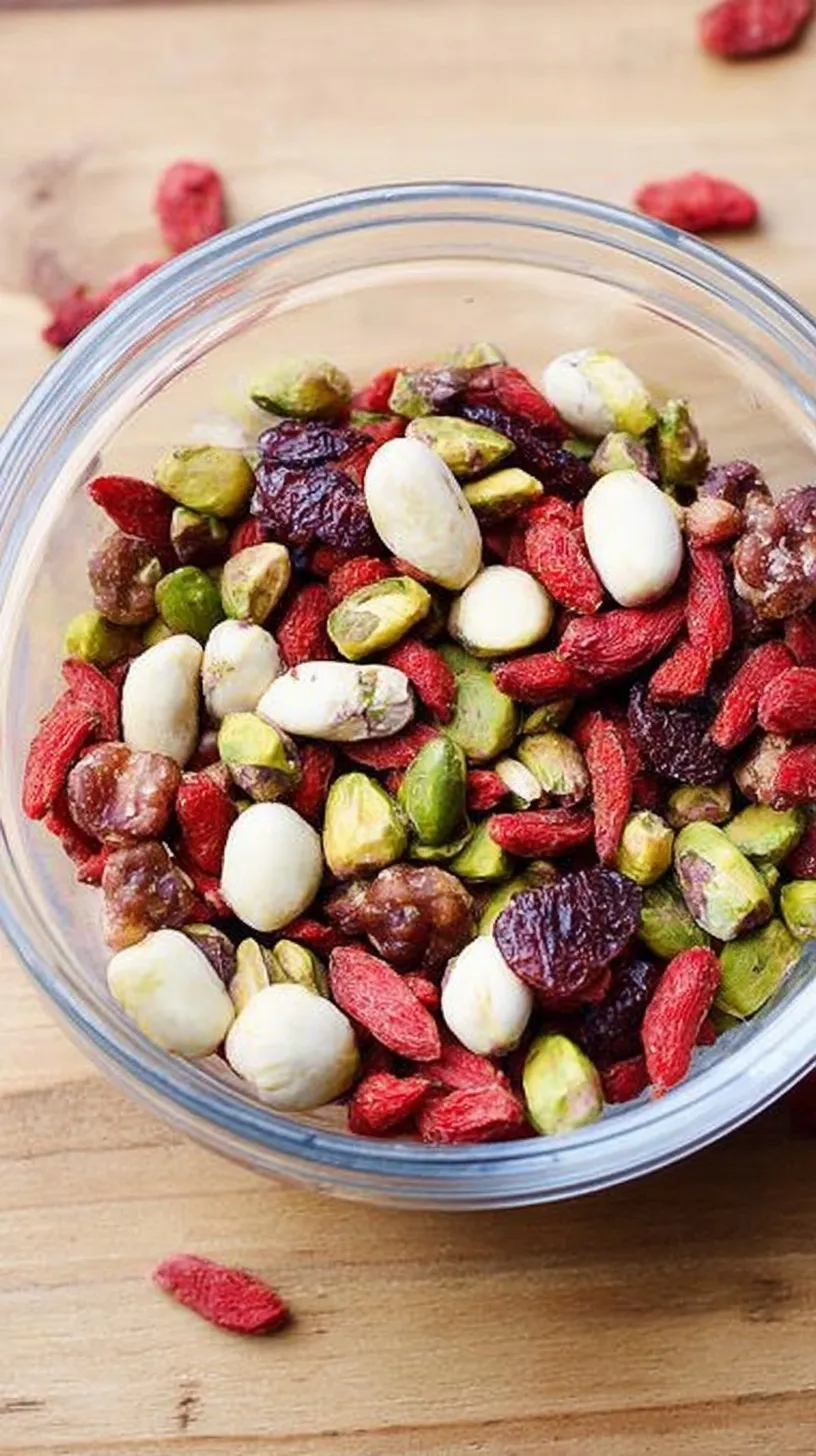A colorful bowl of pistachio trail mix with dark chocolate and dried cranberries