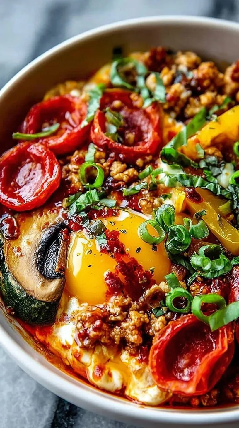 A cheesy Pizza Protein Bowl topped with pepperoni and olives in a white bowl
