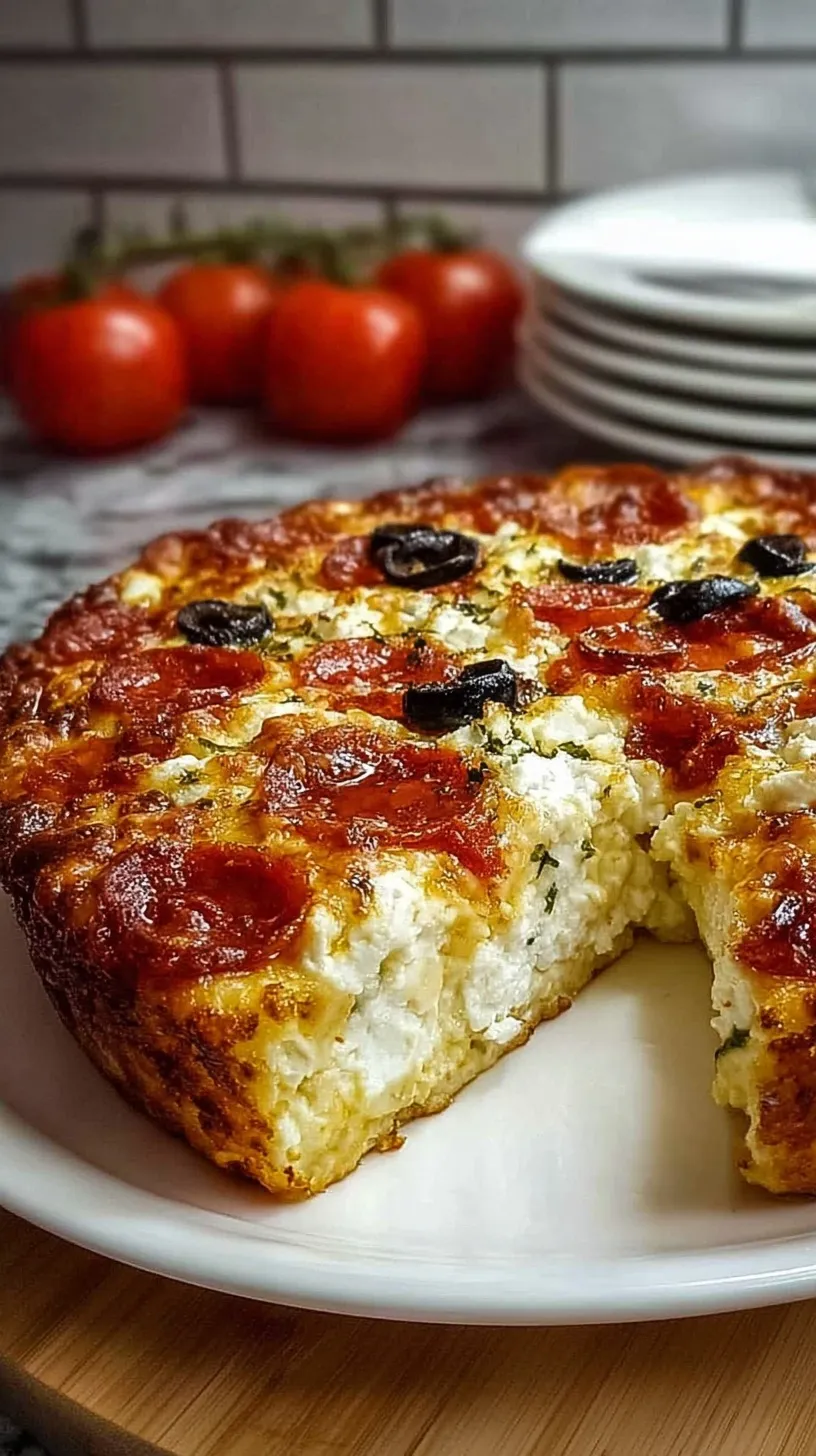 A golden brown baked cottage cheese pizza in a square dish topped with melted mozzarella and mini pepperoni