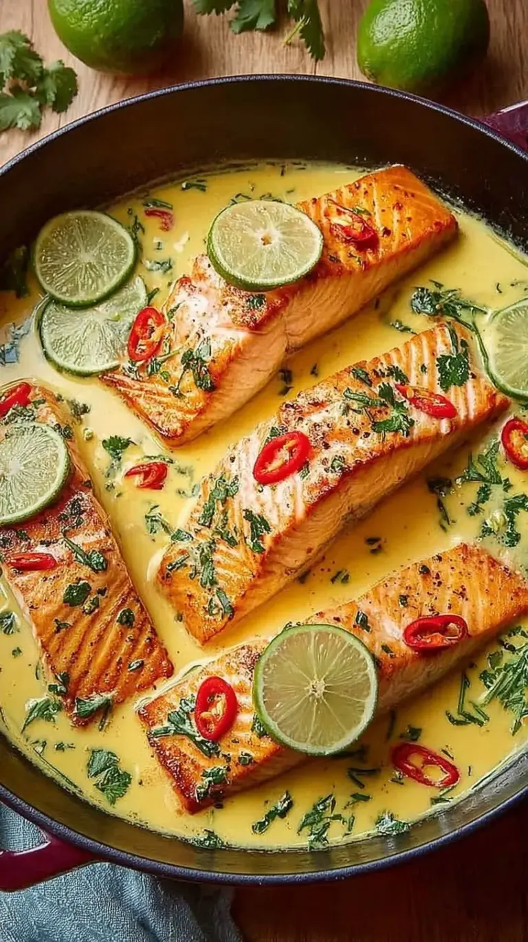 A skillet of golden seared salmon fillets poaching in a creamy white coconut lime sauce with cilantro and red chili garnish.