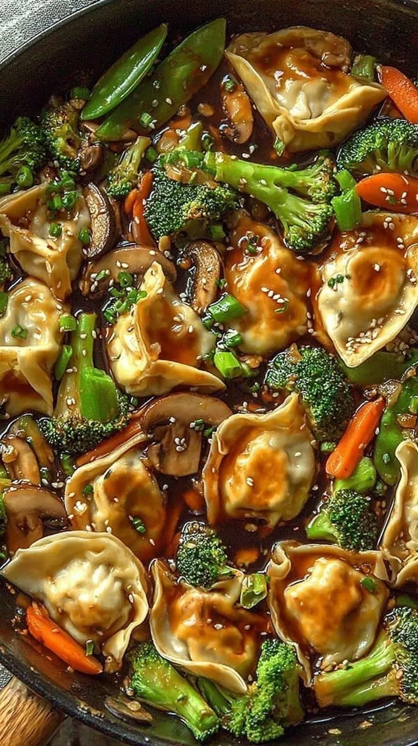 A vibrant potsticker stir fry with golden dumplings, red peppers, and shredded cabbage in a wok.