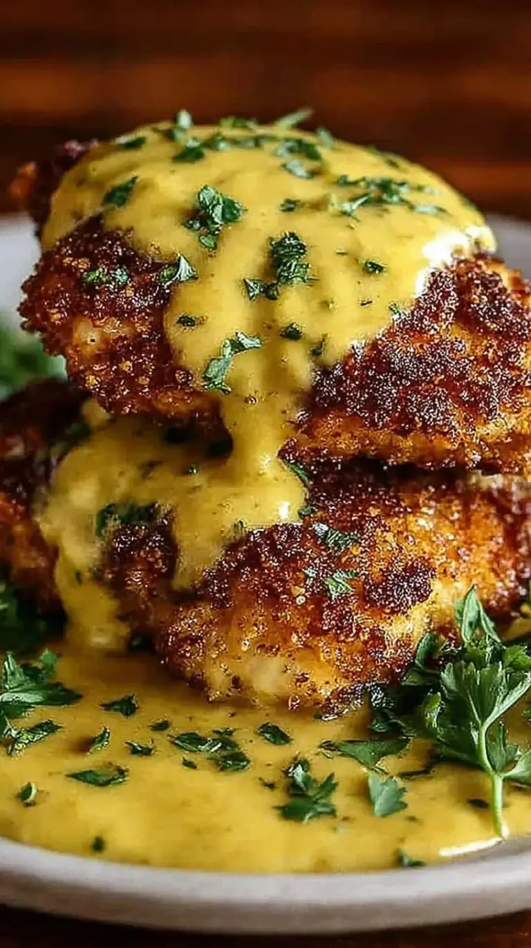 Crispy pretzel-crusted chicken breasts sliced and drizzled with a creamy yellow mustard cheese sauce on a white plate.