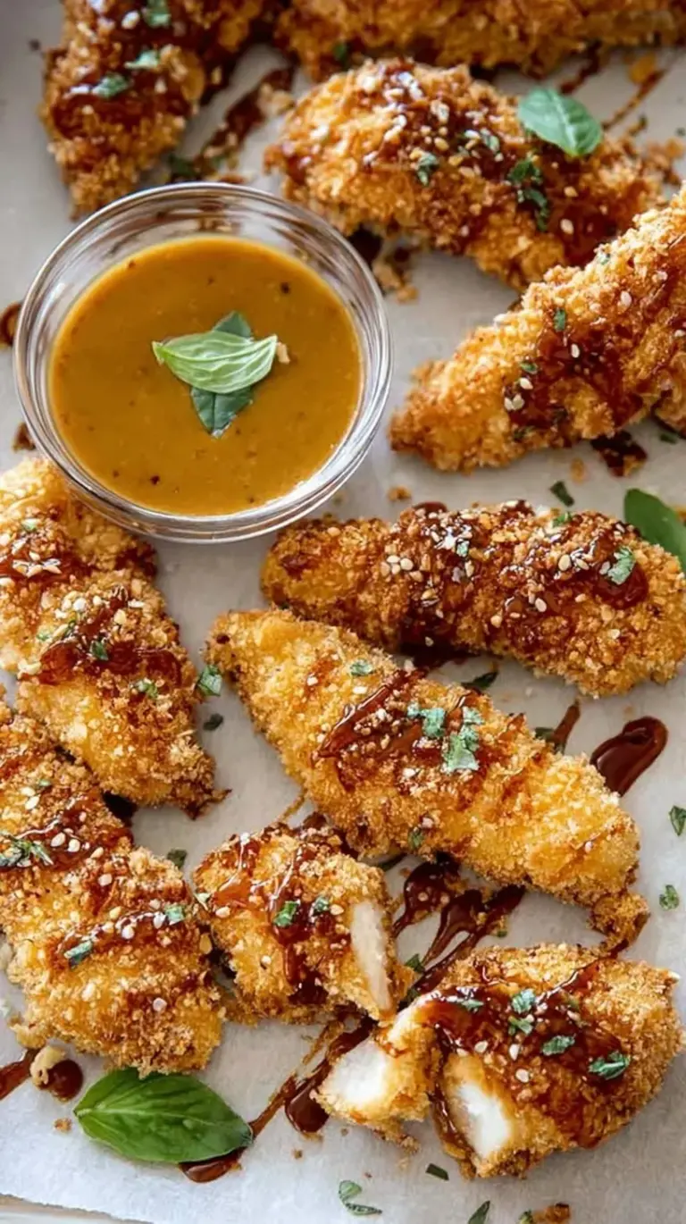 Golden brown pretzel crusted chicken fingers on a baking sheet with dipping sauce.