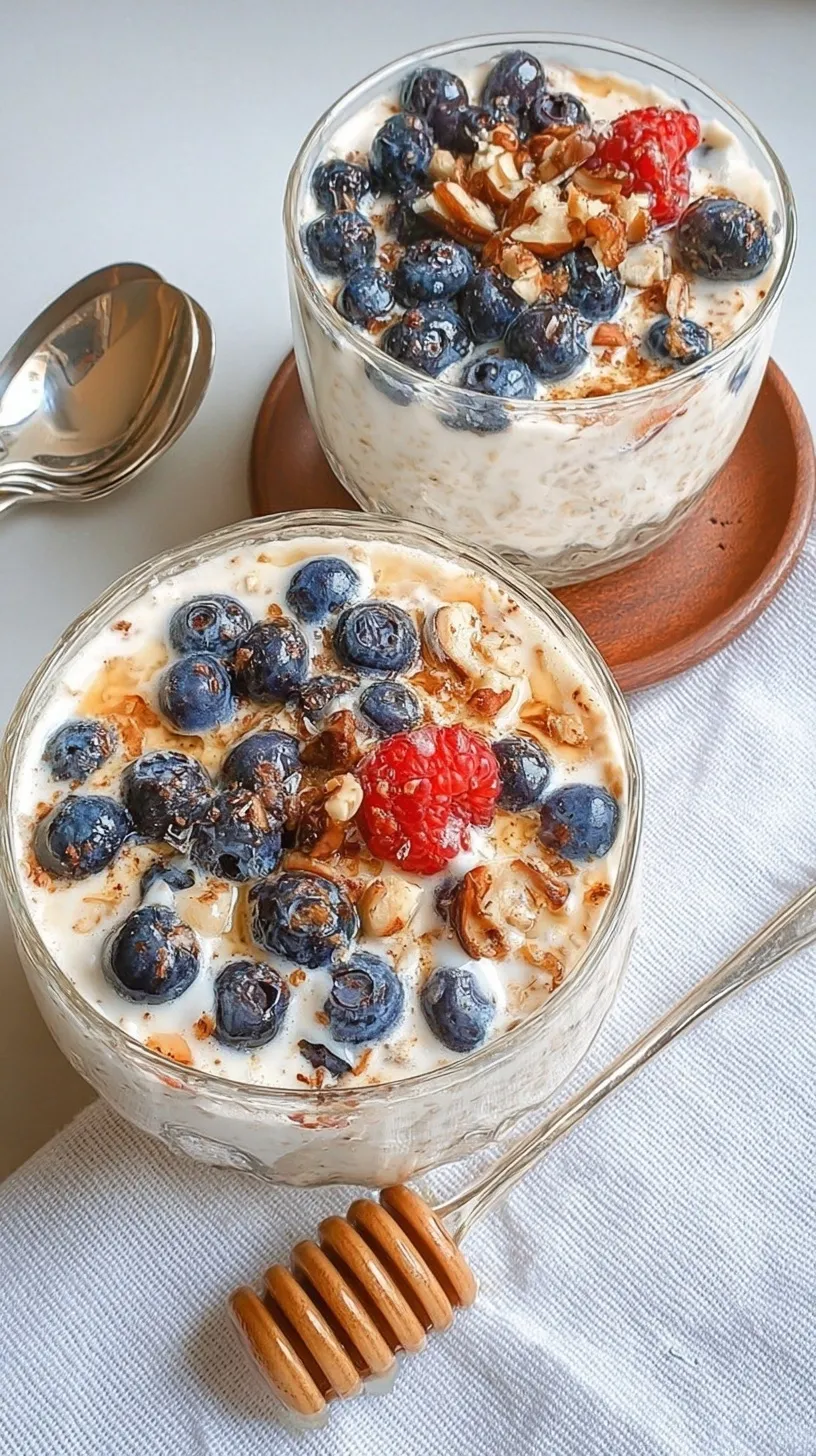 A creamy bowl of Swiss-style Bircher muesli topped with fresh berries and chopped nuts