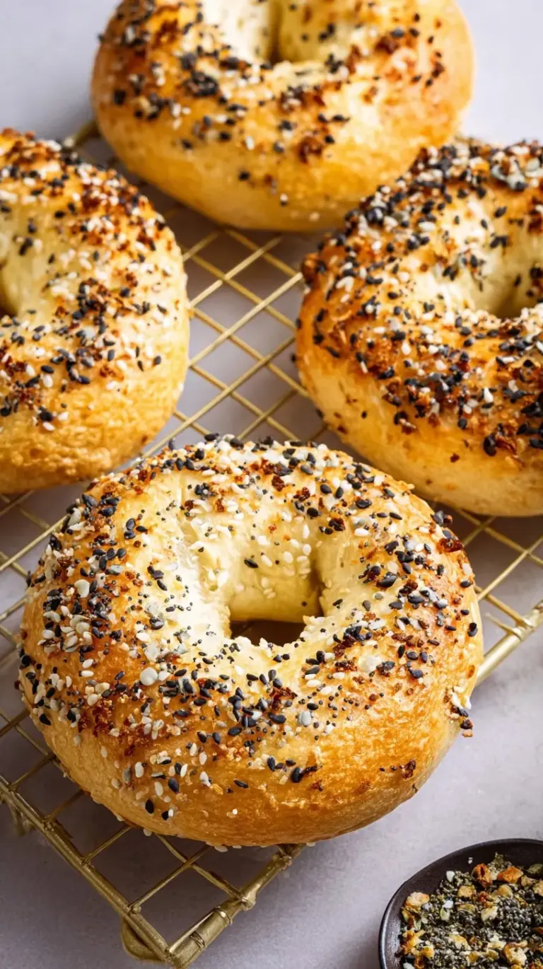 Four golden brown High Protein Greek Yogurt Bagels topped with everything seasoning on a wire rack.