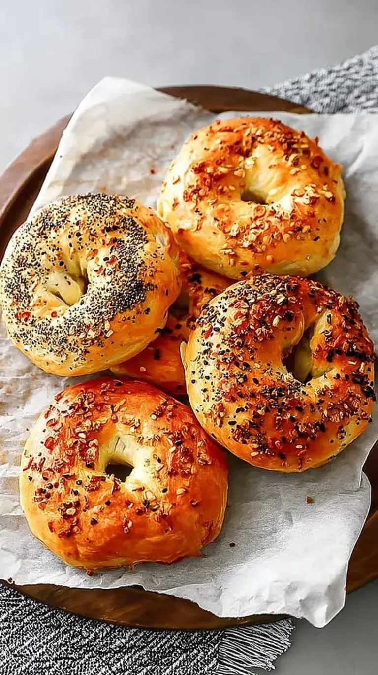 Golden brown Air Fryer Protein Bagels topped with everything bagel seasoning on a wire rack