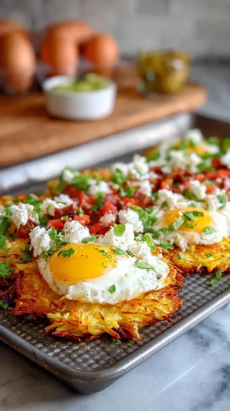 A skillet of crispy loaded hash browns with turkey sausage, melted cheese, and fresh chives.