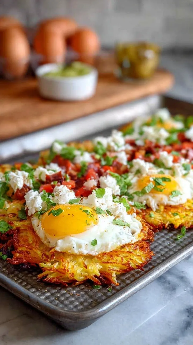 A skillet of crispy loaded hash browns with turkey sausage, melted cheese, and fresh chives.