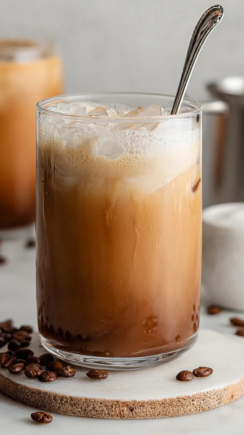A tall glass filled with ice, dark coffee, and creamy vanilla protein shake being swirled together.