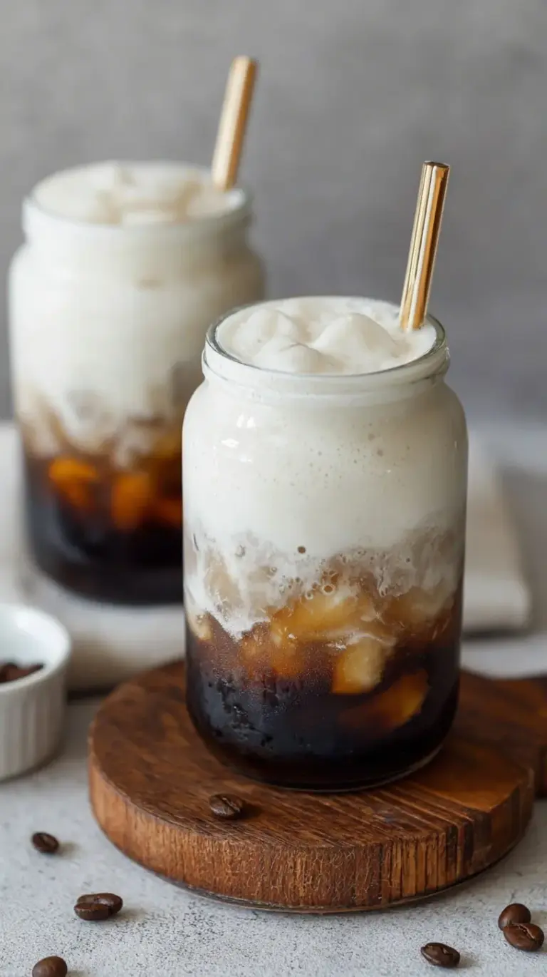 Thick vanilla protein cold foam cascading into a glass of dark iced coffee