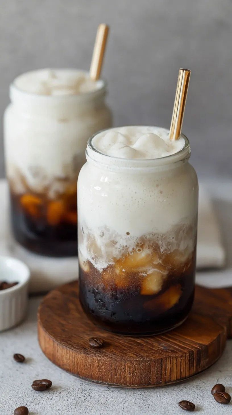 Thick vanilla protein cold foam cascading into a glass of dark iced coffee