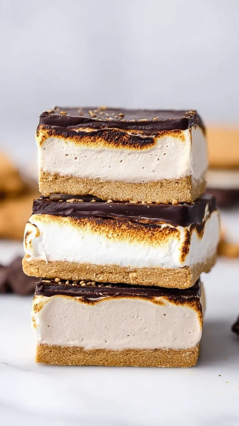 Close up of layered frozen protein s'mores bars with chocolate and graham crackers