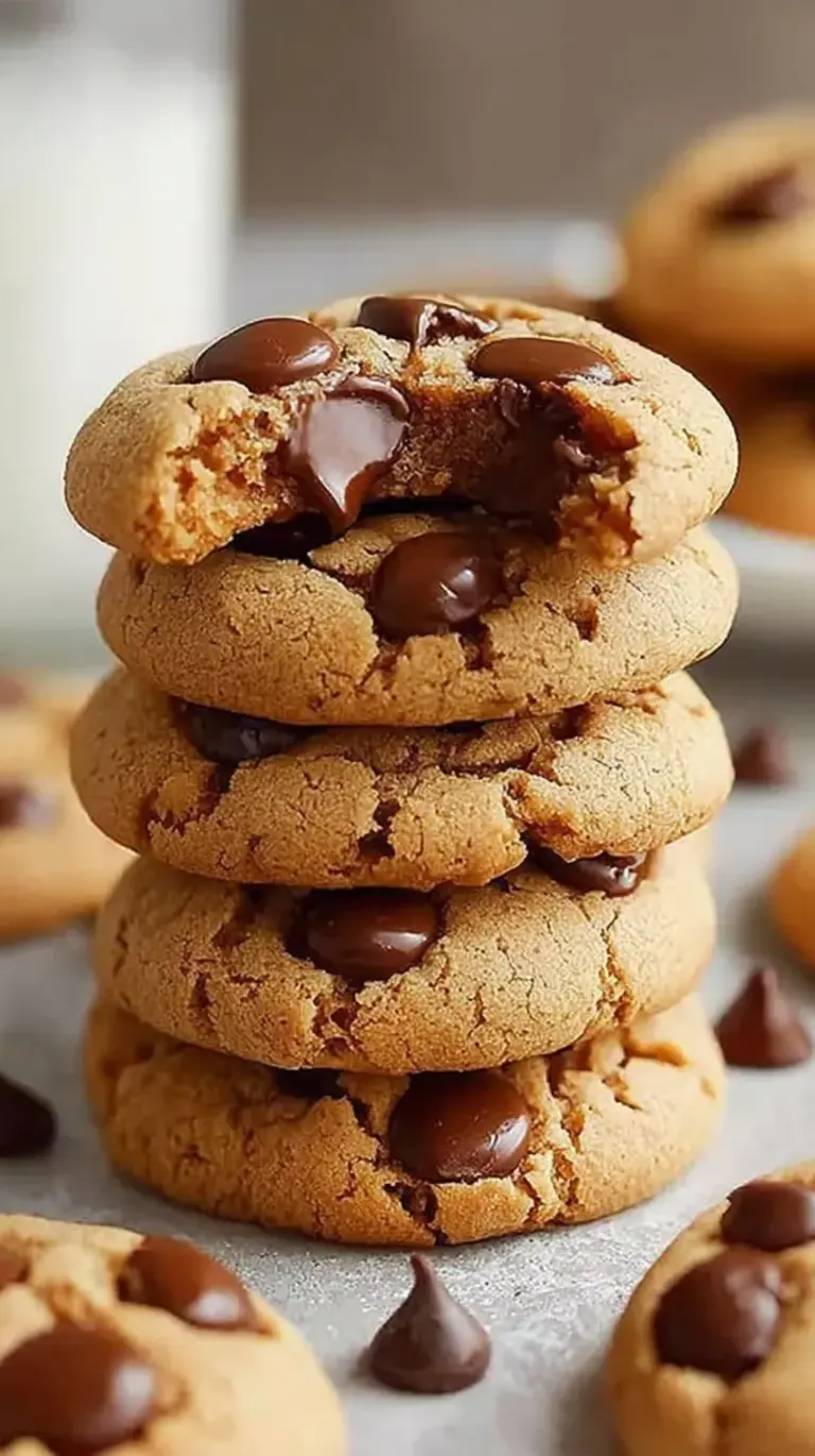 A stack of soft-baked protein greek yogurt cookies with sugar-free chocolate chips on a wire rack.