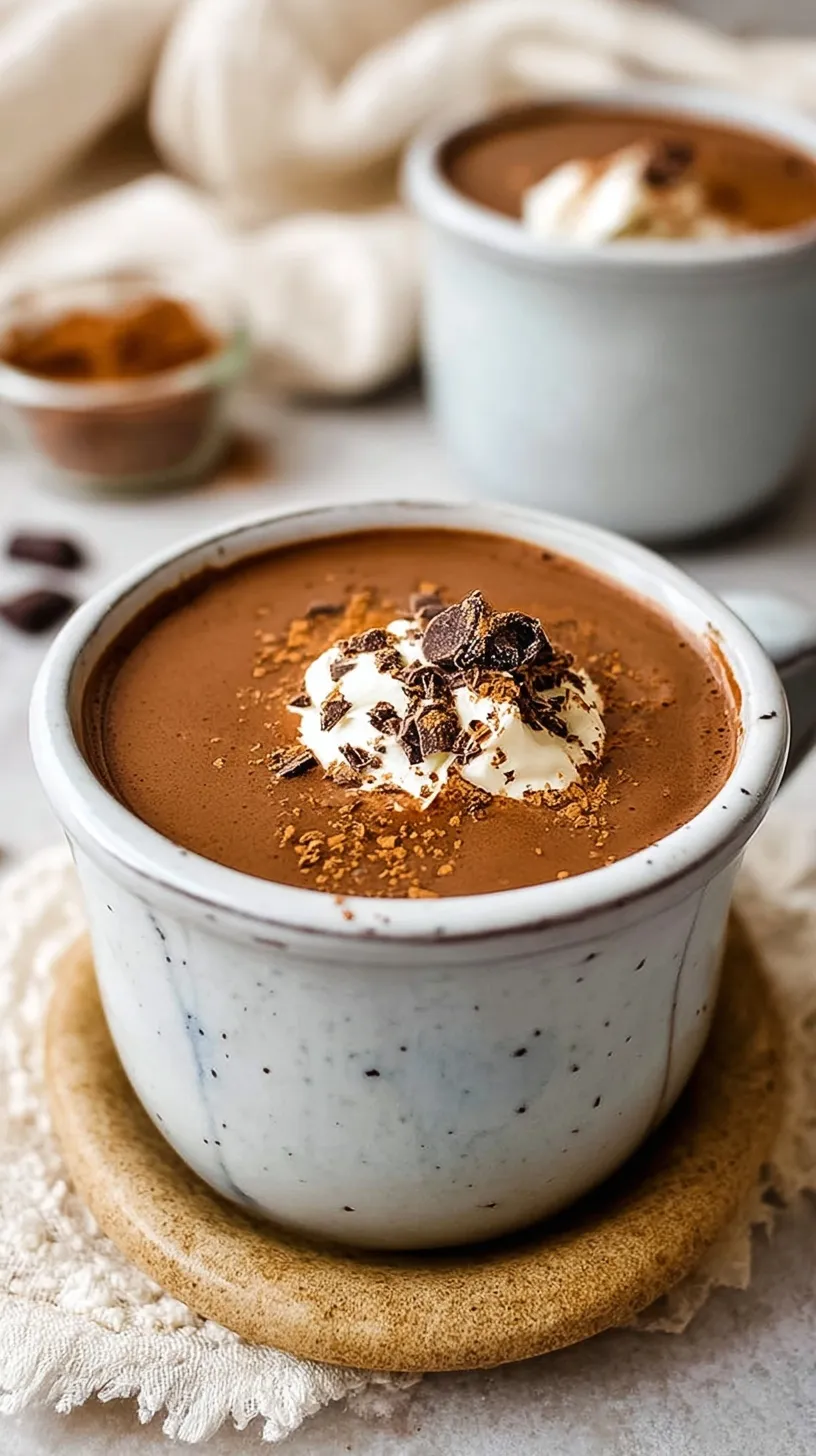 A steaming mug of rich chocolate protein drink topped with a dusting of cocoa powder.