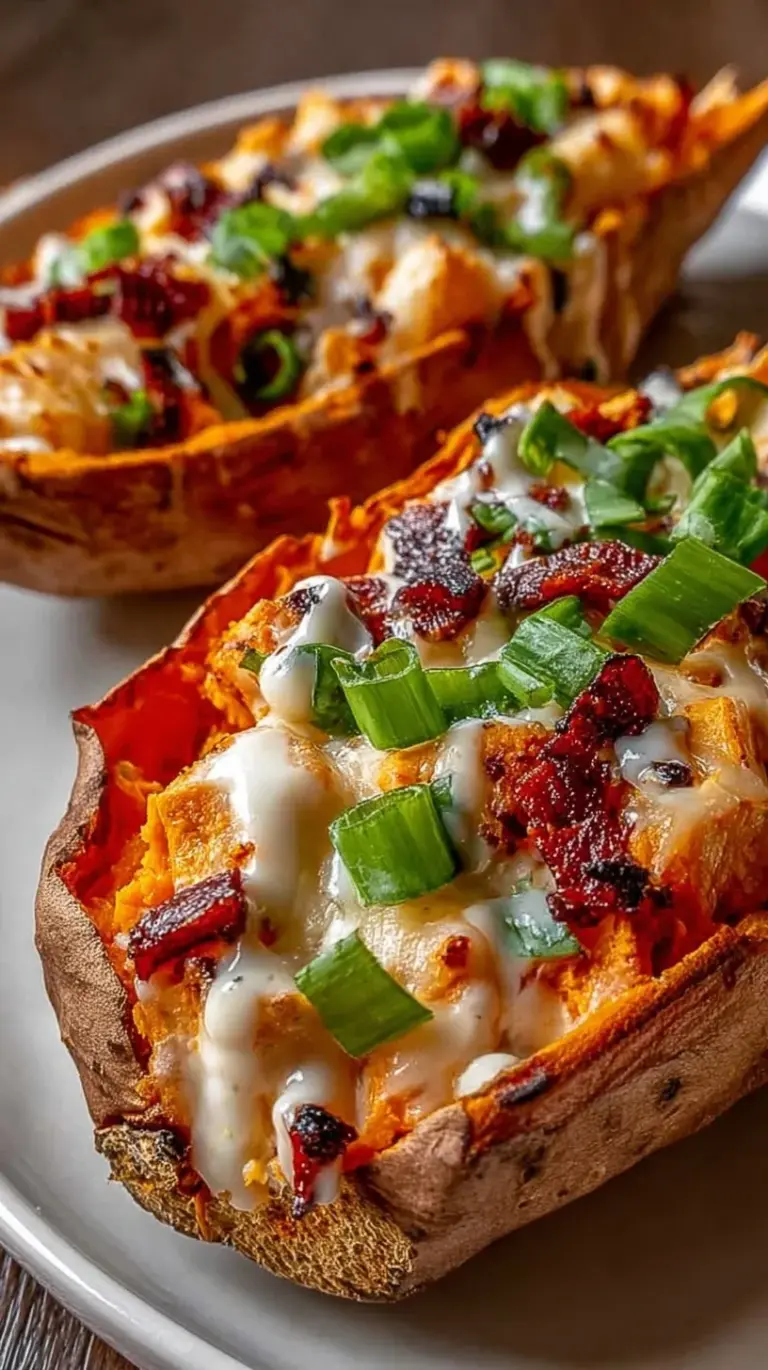 Stuffed sweet potato boats topped with melted cheese, Greek yogurt, and cilantro on a baking sheet.