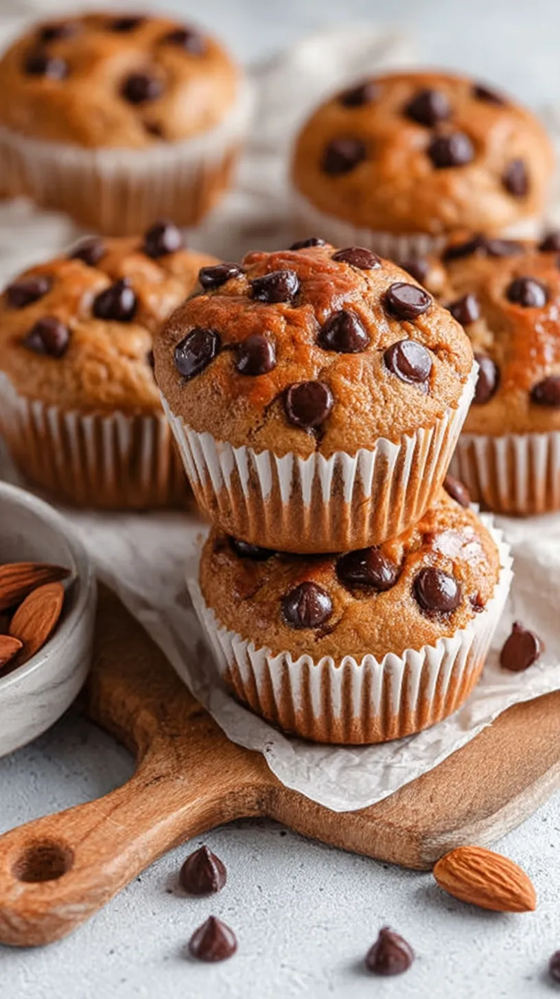 Golden brown whey protein muffins with dark chocolate chips on a cooling rack