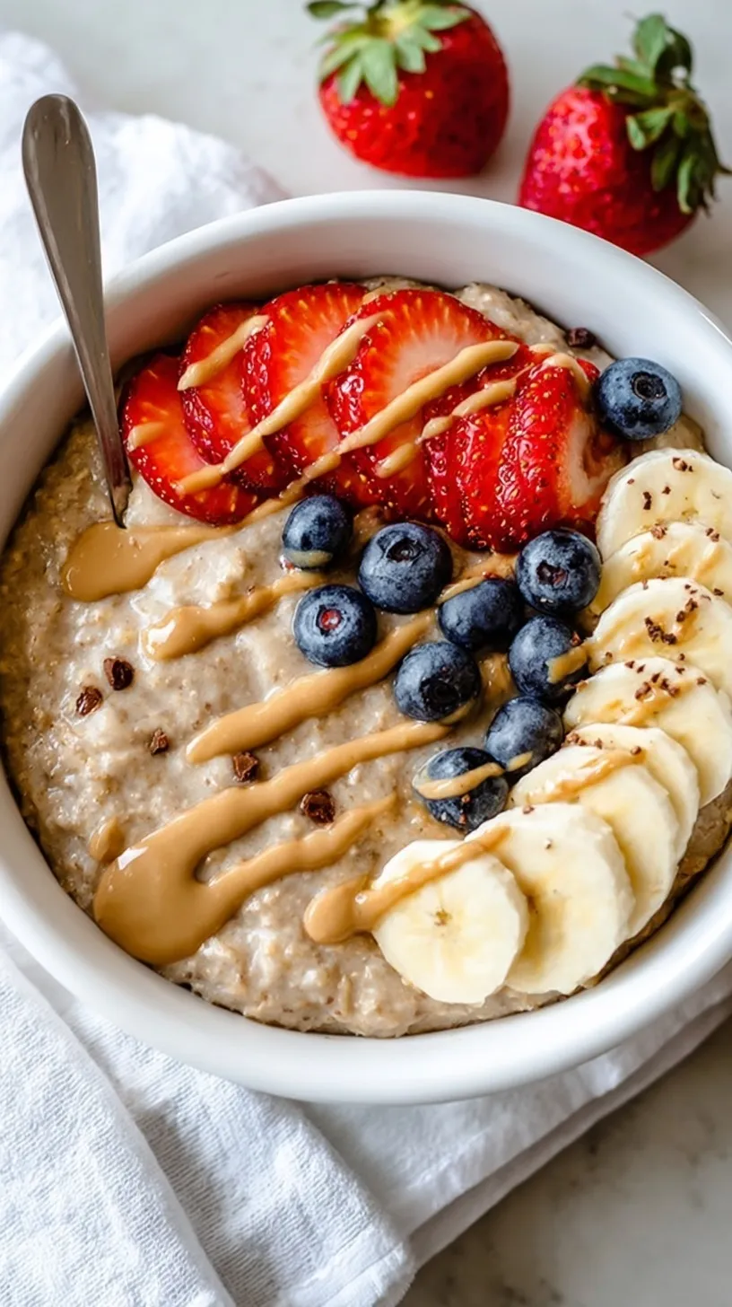 A bowl of creamy protein oatmeal topped with a swirl of almond butter and a dash of cinnamon