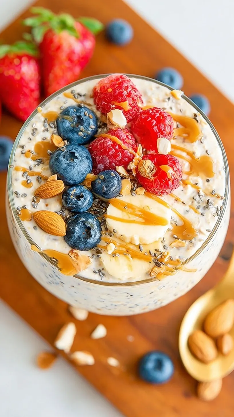 A glass mason jar filled with creamy protein overnight oats topped with fresh berries and a drizzle of nut butter.