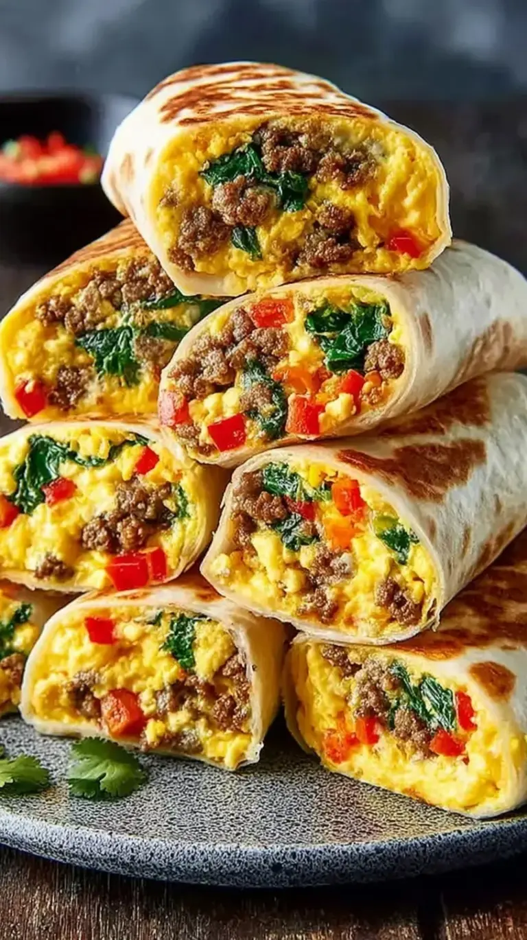 A stack of wrapped and sliced breakfast burritos filled with eggs, sausage, and black beans.