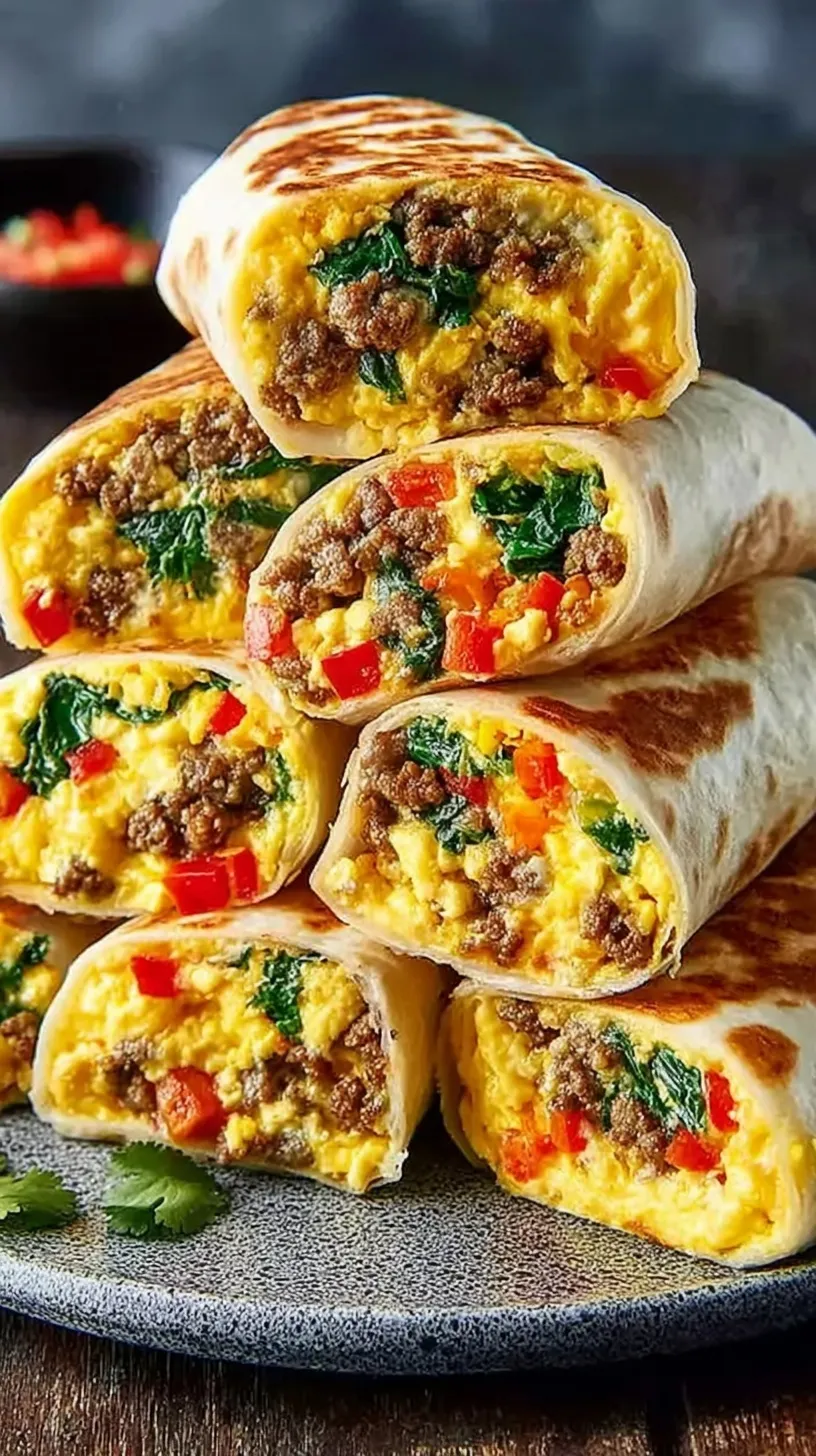 A stack of wrapped and sliced breakfast burritos filled with eggs, sausage, and black beans.