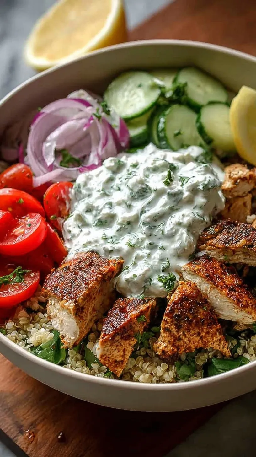A vibrant Greek Chicken Power Bowl with grilled chicken, quinoa, tomatoes, olives, and creamy tzatziki sauce.