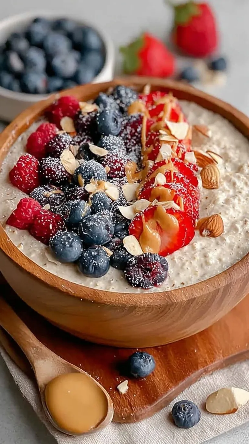 A glass jar filled with creamy overnight oats topped with fresh berries and chia seeds.