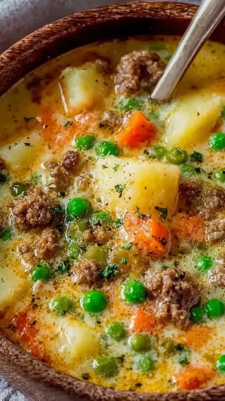 A steaming bowl of creamy Shepherd's Pie Soup with carrots, peas, and ground lamb