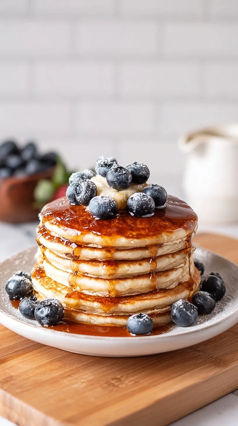 Stack of fluffy protein pancakes topped with fresh berries and maple syrup