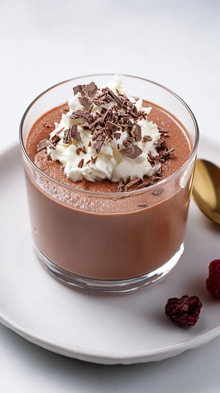 Creamy chocolate protein pudding in a bowl topped with a dusting of cocoa powder