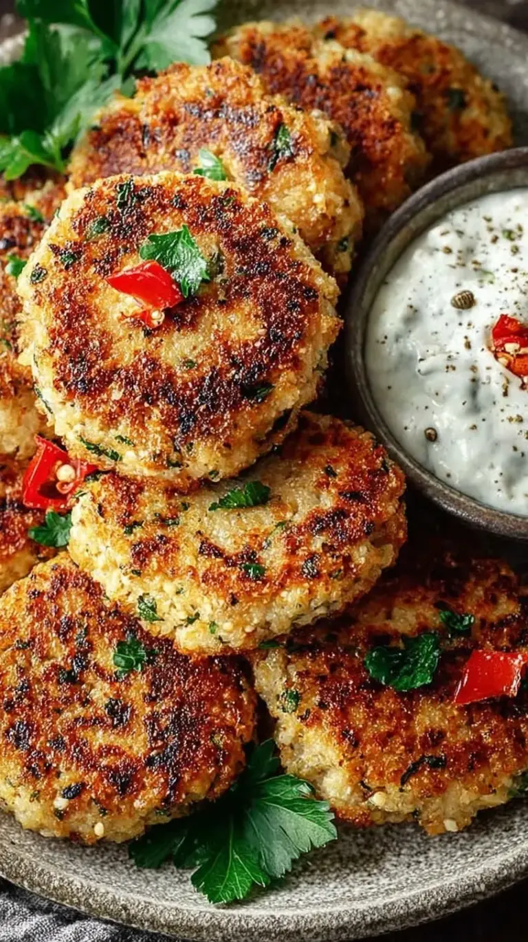 Golden brown cottage cheese patties served on a white plate with fresh berries and honey