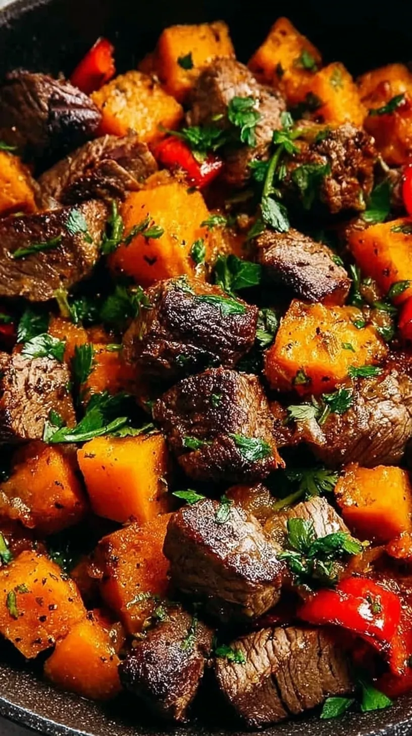 Sizzling steak bites with roasted sweet potatoes and charred bell peppers in a cast iron skillet