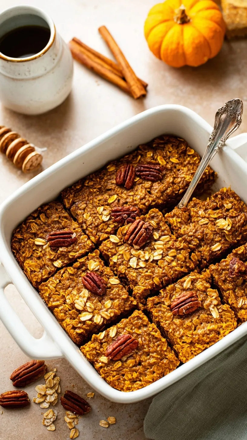 A square slice of pumpkin baked oatmeal topped with crunchy walnuts on a white plate.