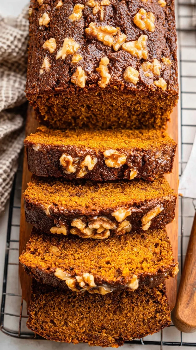 A thick slice of moist pumpkin banana bread on a wooden board with autumn leaves nearby.