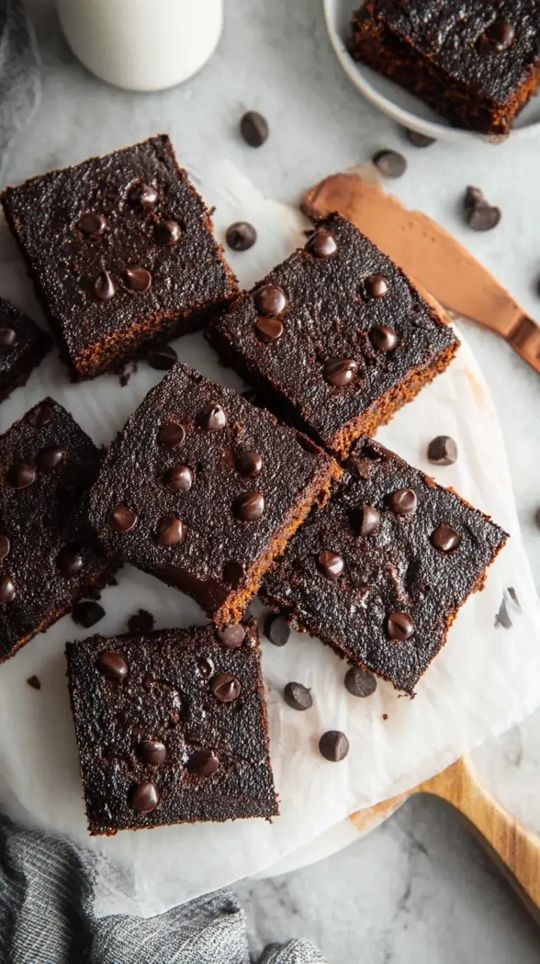 Fudgy chocolate brownies with a bright orange pumpkin cream cheese swirl on a wooden board.